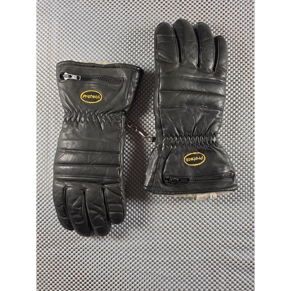 Protech Genuine Leather Ski Gloves Black Size L Insulated Zipper Pocket